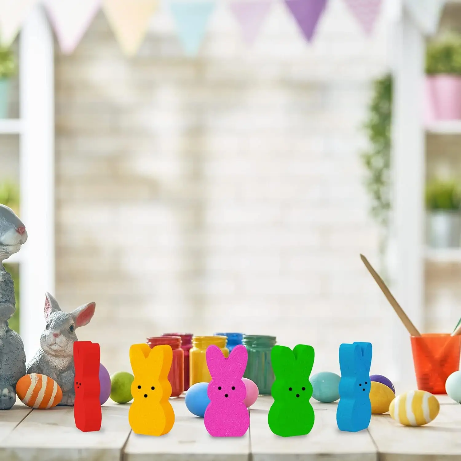 复活节摆件派对宴会托盘兔子木质工艺品彩色兔子配麻绳桌面装饰品
