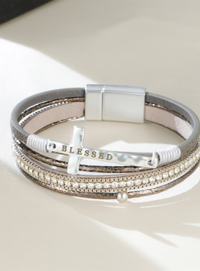 波西米亚风十字架多层手链新款异域民族风排钻手环高级感皮革手镯