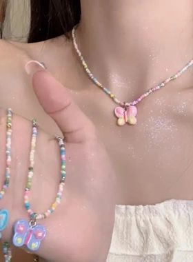 别样彩色串珠项链女甜美少儿夏日可爱卡通锁骨链潮