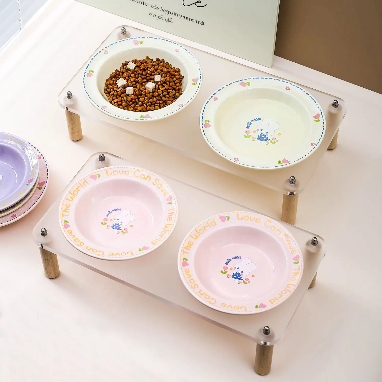 创意卡通兔子盘带碗架陶瓷食碗宠物碗宠物用品食盆猫狗饭碗