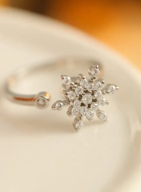 s925银可旋转满钻雪花戒指女开口可调节韩版食指戒