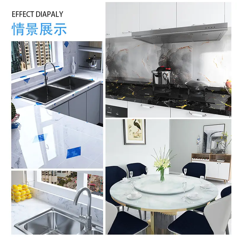 厨房防油加厚墙贴灶台耐高温墙纸仿水大理石纹贴纸自粘橱柜贴纸