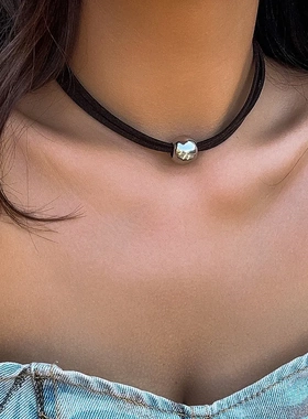 欧美饰品简约可调节黑色项圈时尚几何圆珠短款串珠项链