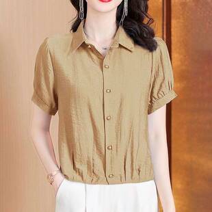 夏天上衣女纯色棉麻上衣2025新款女装短袖妈妈休闲百搭大码衬衫潮
