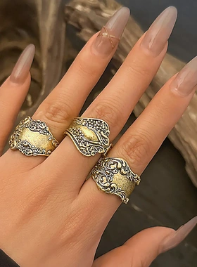 欧美饰品复古做旧拉花图案戒指套装关节戒夸张朋克风开口指环