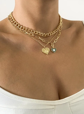 欧美饰品 简约金属天使桃心吊坠项链 复古滴油心形锁骨项饰女