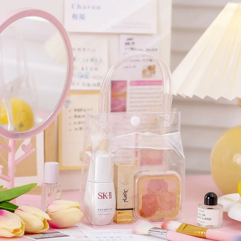 pv透明手提袋简约按扣礼品奶茶打包防水塑料手拎袋