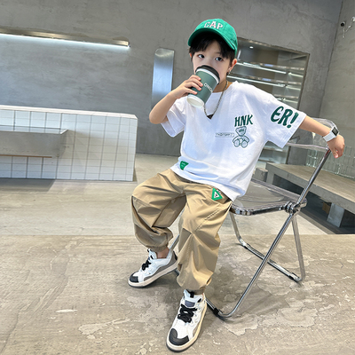 专柜正品男童夏装长裤套装2025新款大儿童夏季短袖衣服潮帅气时髦