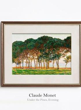 莫奈客厅装饰画傍晚松树下书房卧室壁画玄关小众复古挂画立体装裱