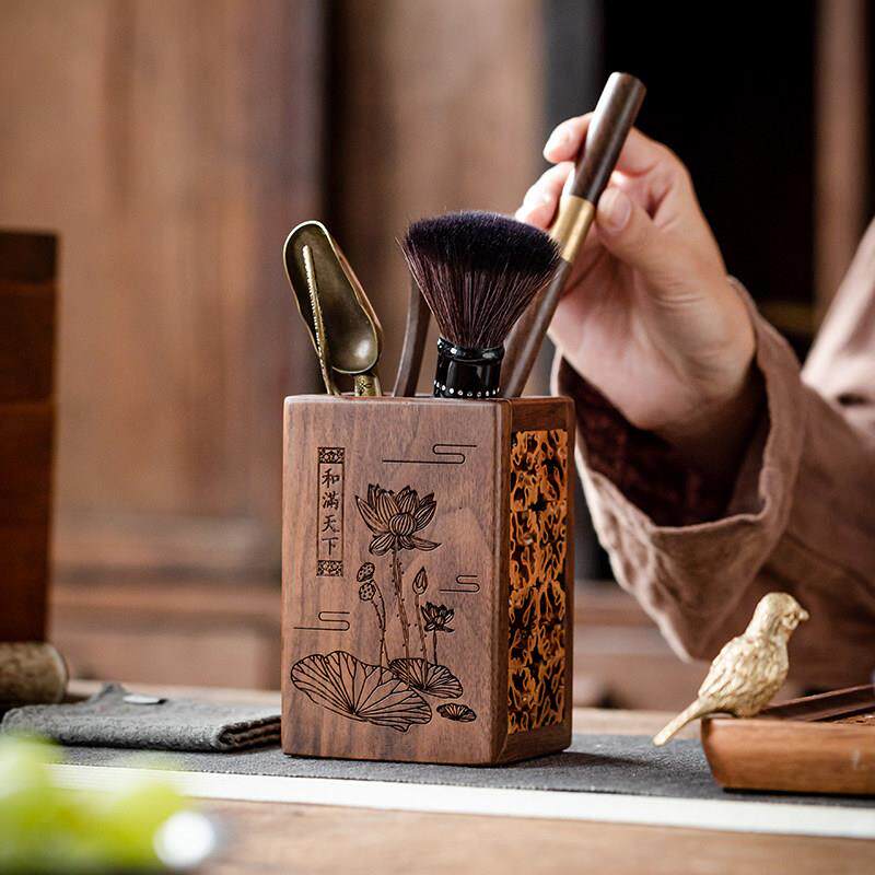 中式复古核桃镂空茶道收纳筒胡桃木笔筒方形茶道六君子筒创意花插