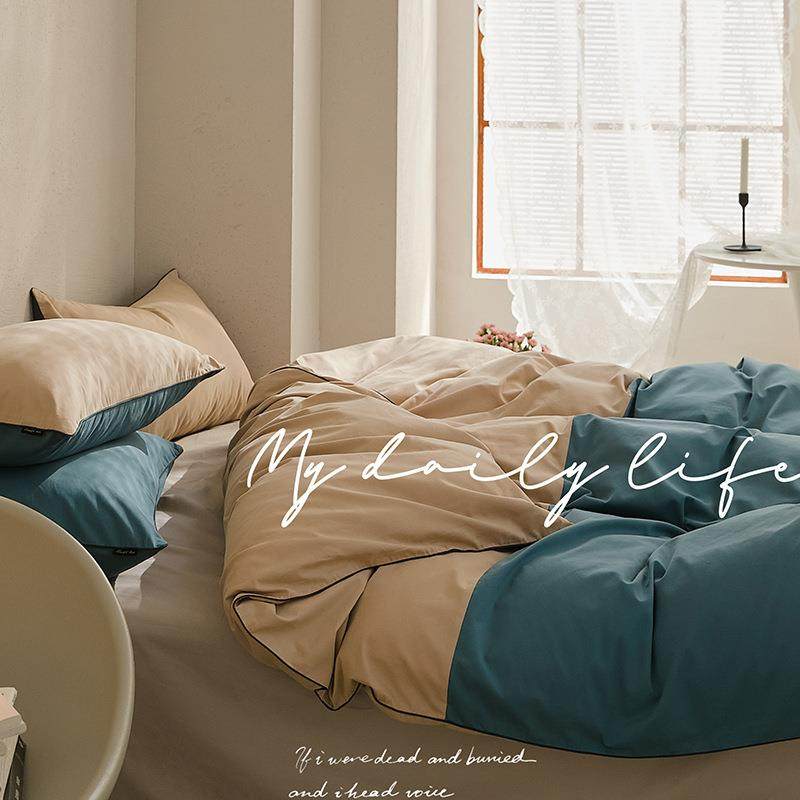 100支拼色全棉磨毛四件套秋冬加厚保暖纯棉被套床单床笠简约纯色