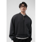 第四区 无帽长袖 宽松休闲T恤美式 复古重磅灰色亨利领卫衣男秋冬季