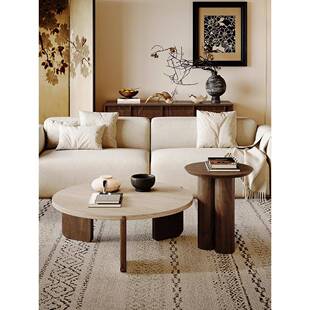 黑胡桃实木石灰华咖啡桌Normcore小茶几小公寓客厅家庭圆形大理石