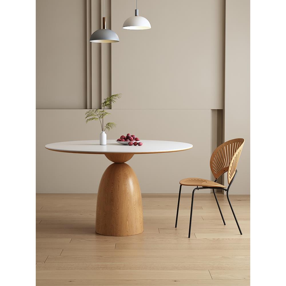 德利丰岩板圆桌全实木圆形家用小户型意识简约纯白餐桌餐厅饭桌