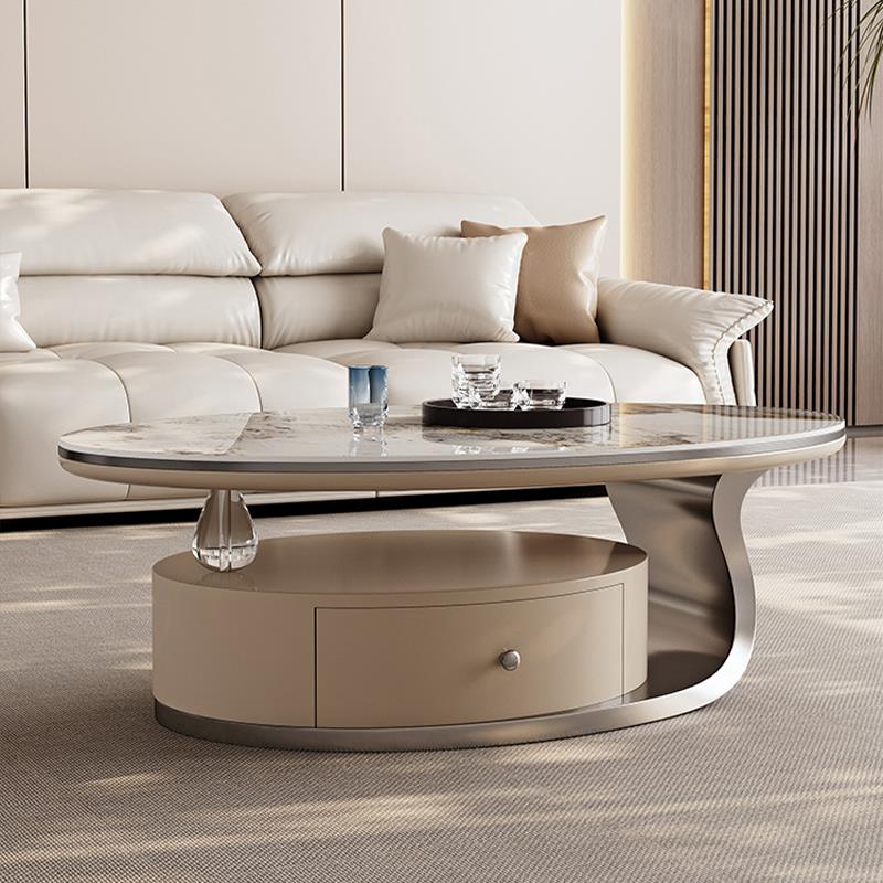 意式极简椭圆形岩板茶几电视柜组合小户型客厅家用轻奢现代高级感