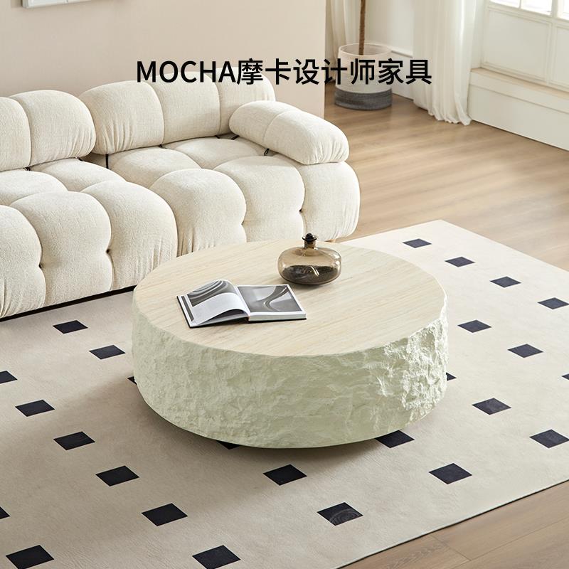 现代简约侘寂风洞石茶几意式轻奢设计师玻璃钢创意方形茶几桌子