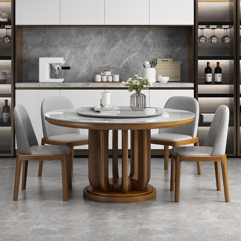 岩板餐桌椅组合圆形轻奢现代简约电磁炉大圆桌带转盘实木家用饭桌