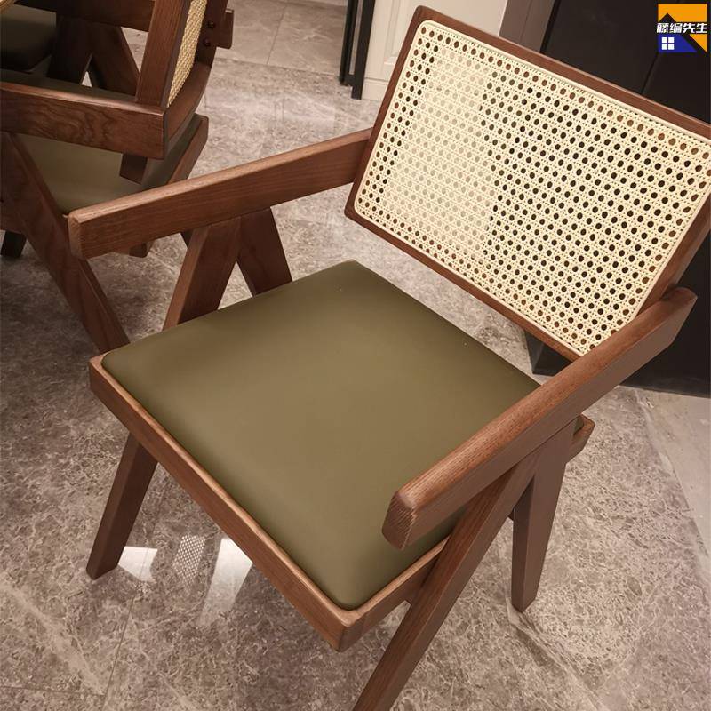 藤编椅子家用餐椅现代简约凳子靠背中古休闲 软包饭厅咖啡店餐桌