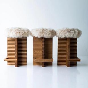 中古吧椅家用轻奢高级感高脚椅复古岛台羊羔毛椅子侘寂风实木吧凳