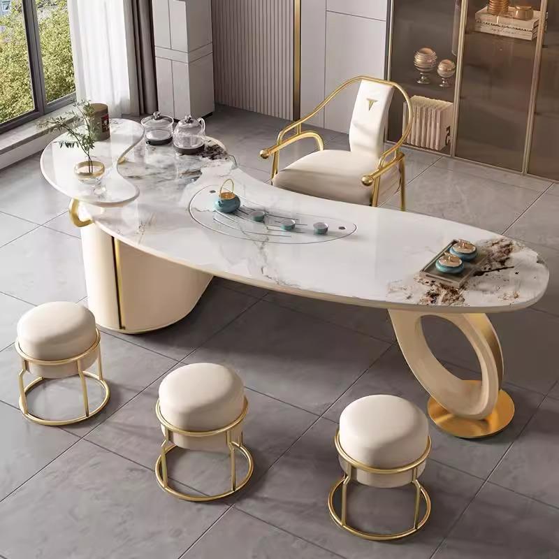 现代岩板大茶台轻奢高级感简约办公泡茶一体桌创意弧形茶桌椅组合