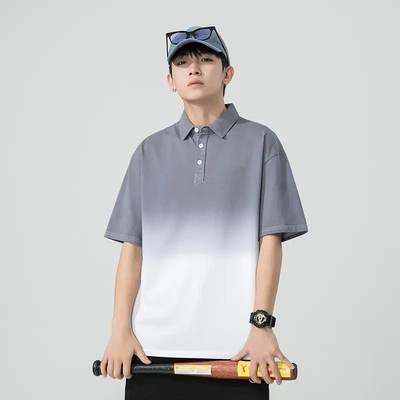 夏季新款宽松男士短袖polo衫灰色渐变丝光棉翻领t恤男潮牌男装