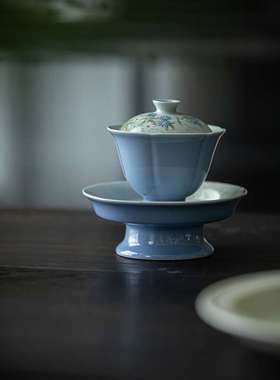 61K3暮山紫色手绘菊花高足盖碗壶承陶瓷仿宋泡茶碗茶点盘两才人文