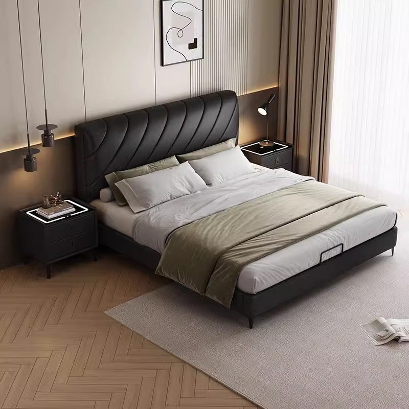 意式极简床现代简约复古黑色双人实木软包罗兰床家用卧室婚床