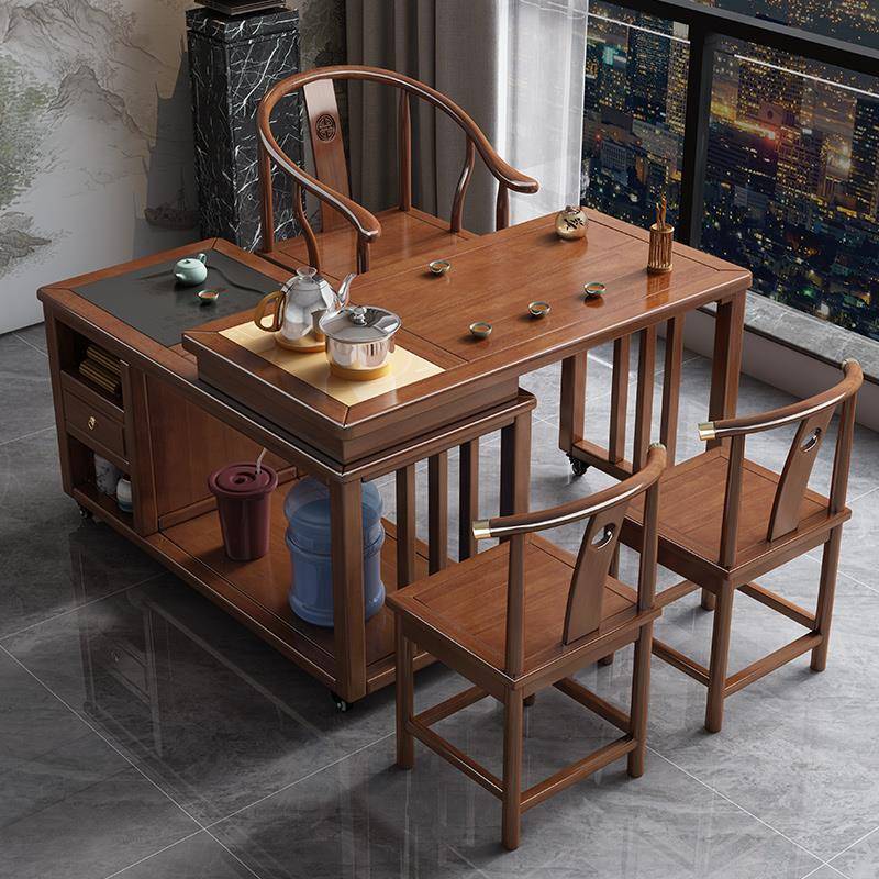 实木旋转茶桌阳台家用小型干泡茶台书桌办公两用一体新中式2025