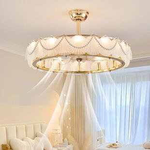 法式奶油风羽毛风扇灯贝壳珍珠餐厅卧室风扇灯房间主卧灯店铺风扇