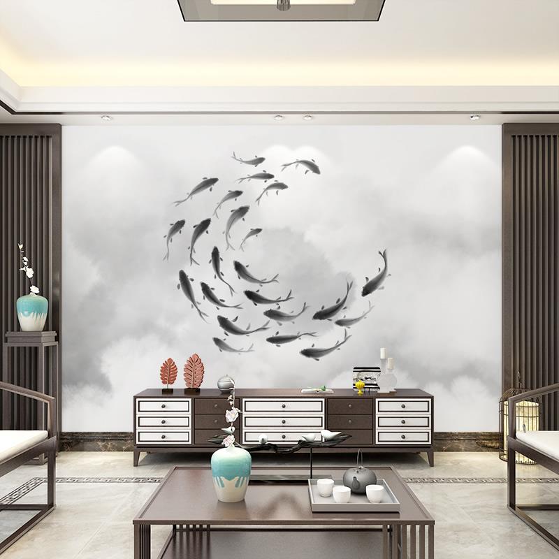 新中式水墨画电视背景墙壁纸 客厅茶室书房九鱼墙纸鱼群壁画墙布