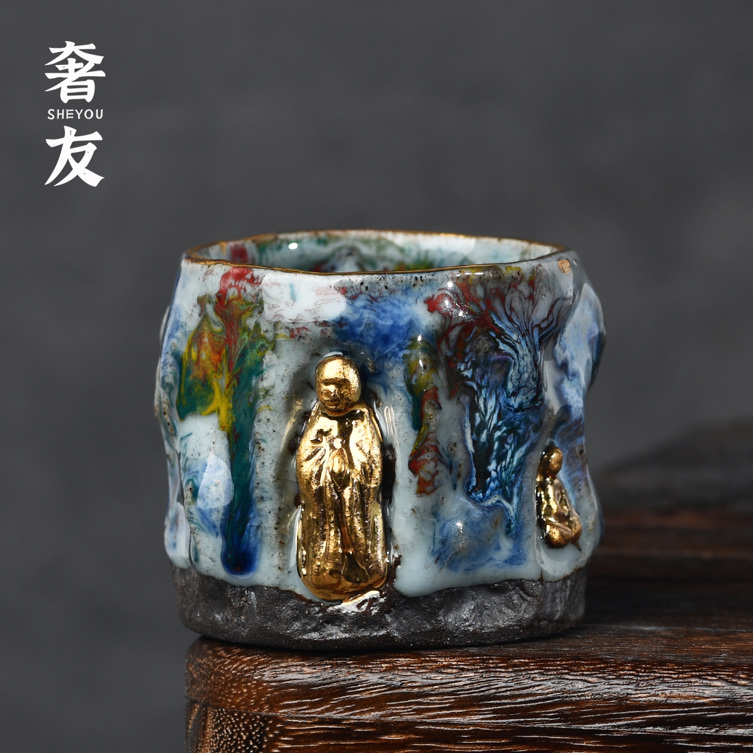 奢友手作彩釉鎏金敦煌品茗杯