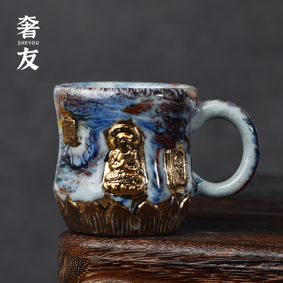 手捏志野烧窑变釉莲花敦煌咖啡杯