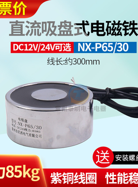 长时间通电圆形微型直流电吸盘磁铁吸力80kg公斤直流24V12VP65/30