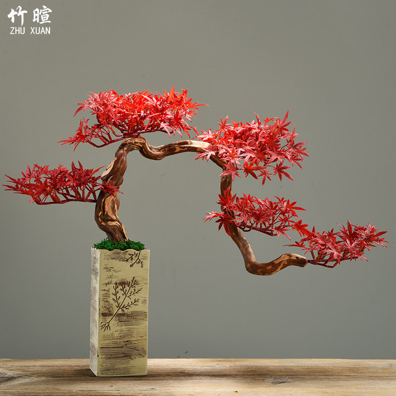 中式仿真盆景红枫客厅电视柜玄关装饰禅意摆件家居饰品创意工艺品