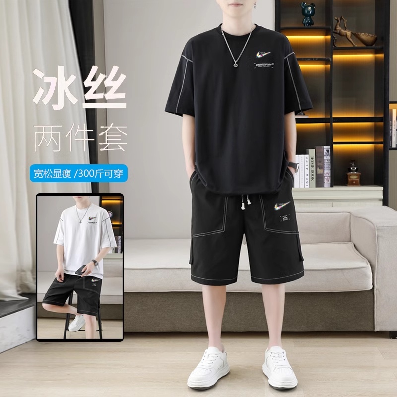 大码冰丝夏季一套加大搭配男生帅气套装胖子短袖短裤男加肥