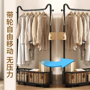 阳台可移动衣帽架带轮收纳筐家用卧室宿舍晾衣杆 简易晾衣架落地式