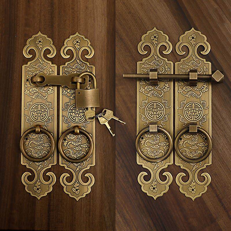 中式大门把手纯铜蝙蝠雕花加厚木门直条把手门搭扣锁插销拉环明装