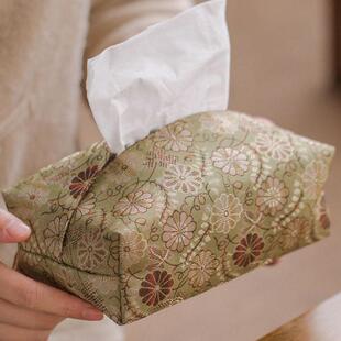 知舍卷草纹织锦纸巾盒茶桌客厅车载布艺覆古轻奢抽取式卫生纸袋餐