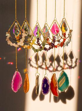 天然水晶碎石月亮太阳捕手风铃吊坠彩色玛瑙片园林挂件