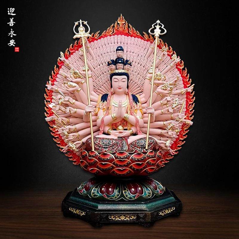 千手观音佛像木雕彩绘贴金千手千眼观世音菩萨像家用供奉创意桌面