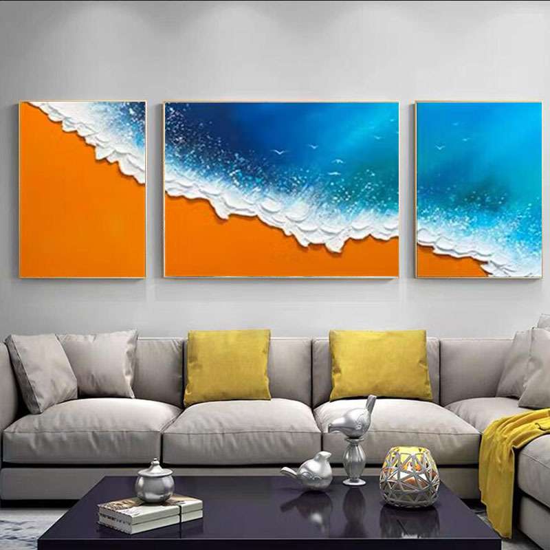 纯手绘油画客厅三联装饰画沙滩海景沙发背景墙挂画丙烯砂岩肌理画图片