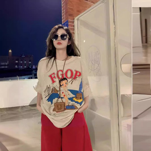 夏季 美式 ins百搭新款 t恤女纯棉潮牌古着短袖 上衣 vintage复古大码