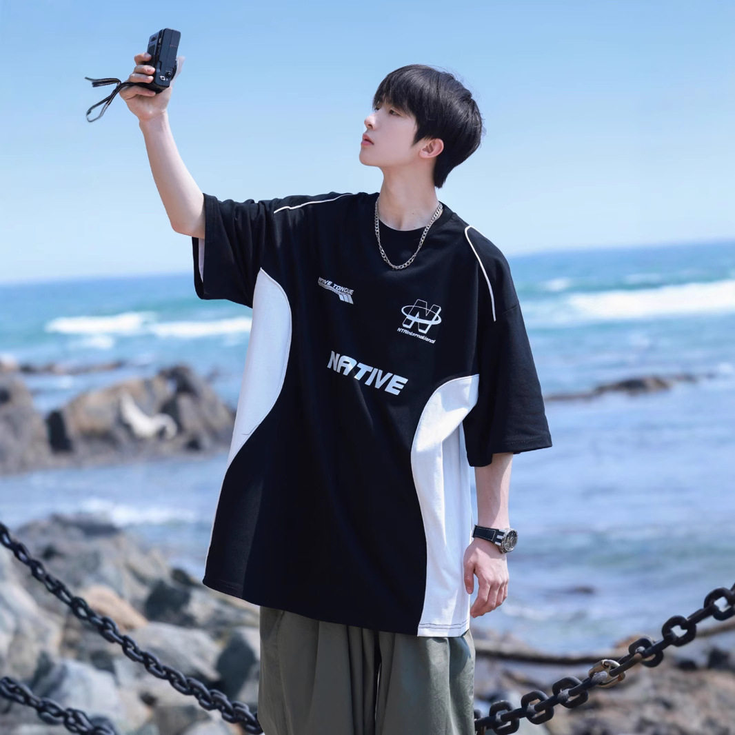 美式复古机车t恤潮牌欧美高街赛车风拼接短袖情侣重磅衣服男5分袖