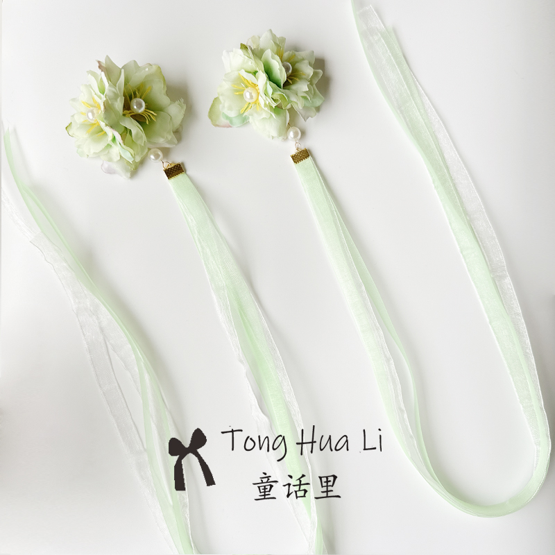 花朵古风汉服发饰cos配饰汉元素长飘带对夹小清新头饰女童边夹