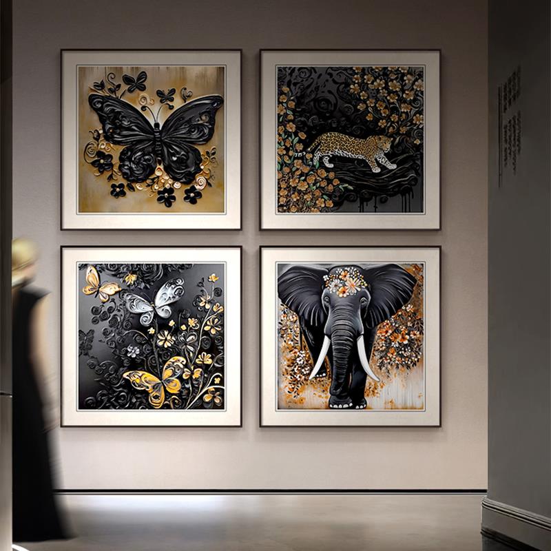 中古风蝴蝶立体餐厅装饰画抽象浮雕入户玄关画高档客厅背景墙壁画图片