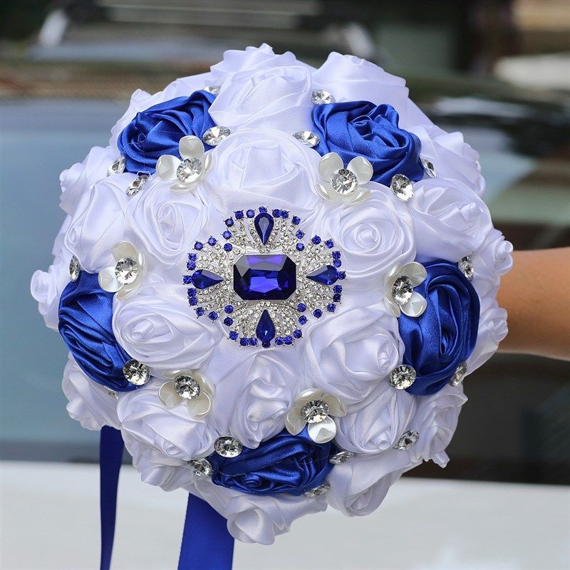 成品布艺手捧花 宝蓝白色新娘缎带捧花 结婚捧花 跨境源头W0630K