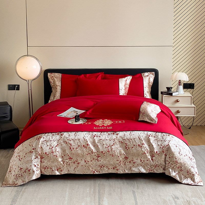小清新红色结婚床上用品四件套少女心加厚磨毛婚庆新婚被套床单