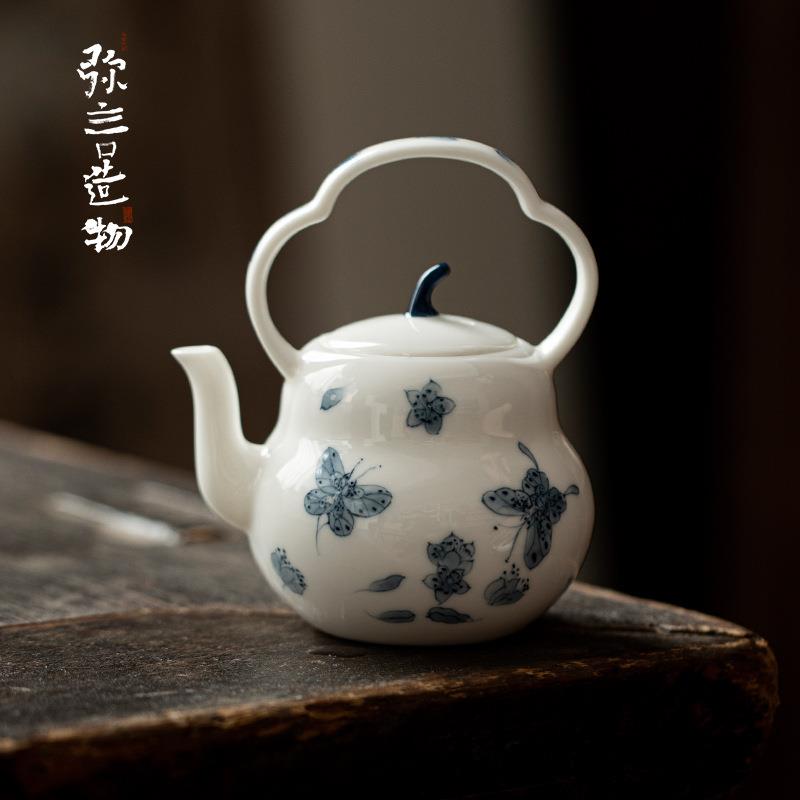 弥言釉下彩白瓷手绘青花蝴蝶茶壶创意陶瓷葫芦泡茶壶单壶带过滤孔
