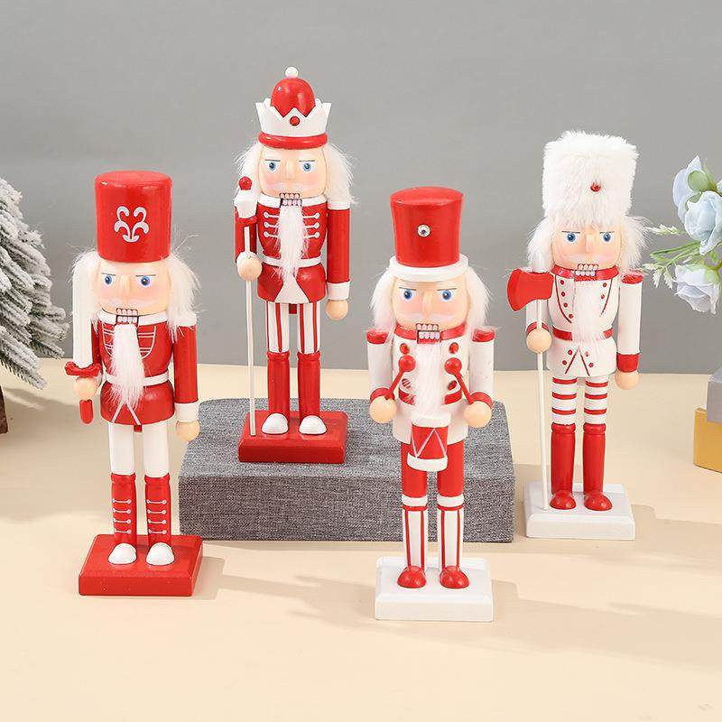 圣诞装饰品木质胡桃夹子红白款24CM手绘印花木头人套4桌面摆件