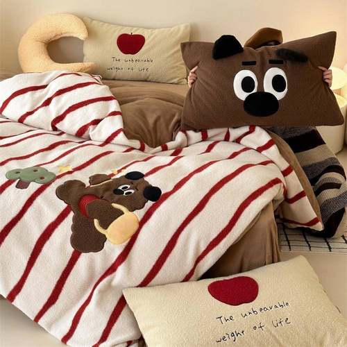 简约气质美拉德仿羊毛绒四件套秋冬小众双面保暖被套床单卡通绣花